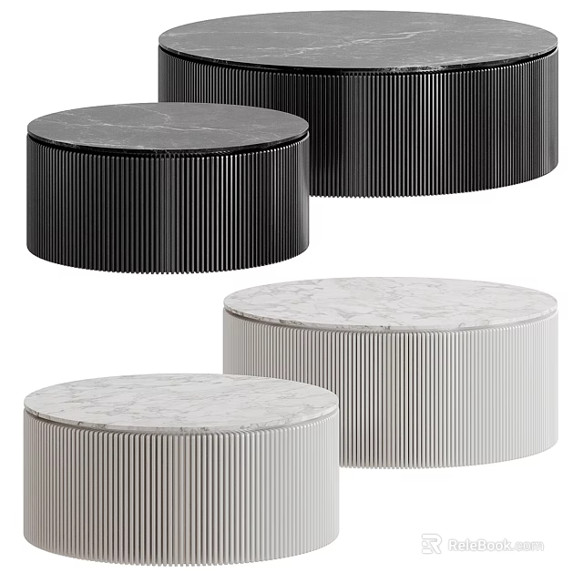 Modern Round Coffee Tables With Marble Tops And Ribbed Bases In Black White 3d model 