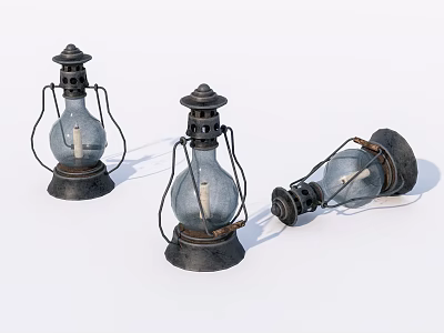 Three Vintage Candle Lanterns With Rustic Metal Base And Glass Shade Design 3d model