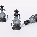 Three Vintage Candle Lanterns With Rustic Metal Base And Glass Shade Design