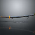 Samurai Katana With Black Scabbard And Golden Accents On Reflective Surface