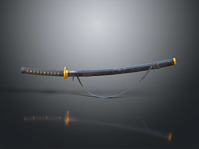 Samurai Katana With Black Scabbard And Golden Accents On Reflective Surface 3d model