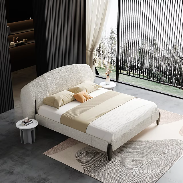 Modern Elegant Double Bed Interior With Soft Linen Bedside Table And Window View 3d model 