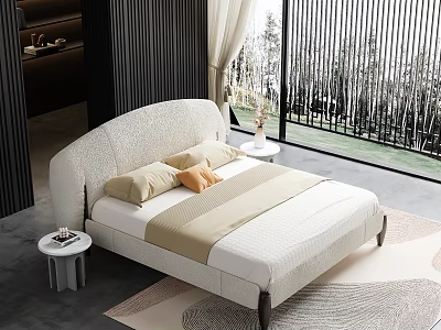 Modern Elegant Double Bed Interior With Soft Linen Bedside Table And Window View 3d model