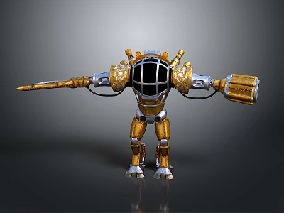 Mechanical Character With Gold Silver Armor Helmet And Arm Mechanisms 3d model