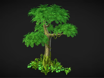 Cartoon Scene Featuring Lush Green Tree With Mossy Trunk And Small Plants 3d model
