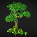 Cartoon Scene Featuring Lush Green Tree With Mossy Trunk And Small Plants