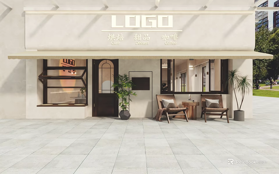 Dessert Coffee Shop Storefront With LOGO Dark Door Windows Potted Plants Chairs And Stone Floor 3d model 