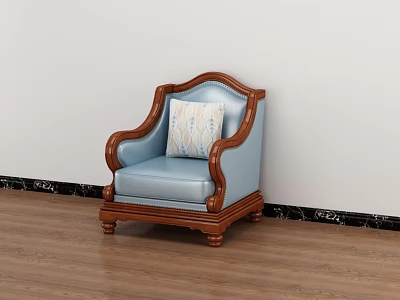 Blue Leather Single Sofa with Wooden Armrests Pillow Against Wall on Wooden Floor 3d model