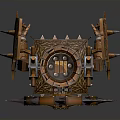 Steampunk Mechanical Weapon With Large Spiked Gear And Metallic Base Intricate Industrial Design Elements