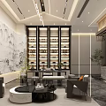 Modern Elegant Clubhouse Interior With Landscape Painting Sofa Bookshelf And Chandelier