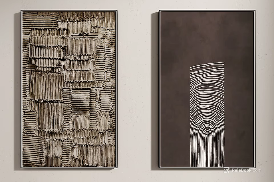 Two Abstract Wall Paintings With Textured Patterns And White Line Design 3d model