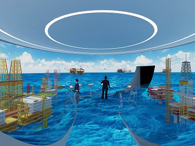 Offshore Oil Platform Control Room With Two Operators And Drilling Equipment 3d model