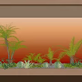 Indoor Window Sill Garden With Ferns Cacti And Green Plants Against Orange Sky