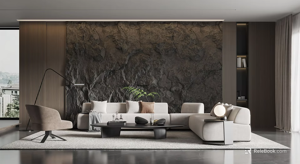 Modern Living Room Interior With Marble Wall Light Sofa Coffee Table Floor Lamp And Potted Plant 3d model 