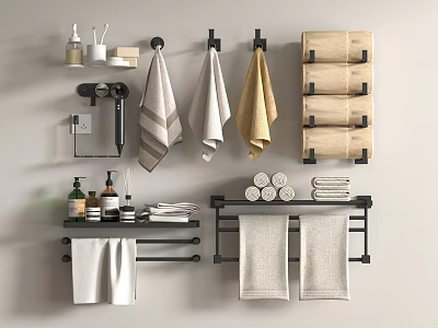 Stylish Bathroom Wall Accessories With Towel Racks Shelves Hairdryer And Toiletries 3d model