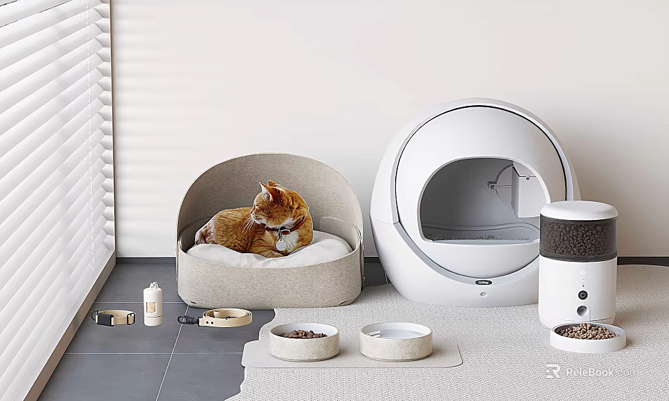 Automatic Cat Feeder With Food Bowls And Cat Resting In Bed 3d model 