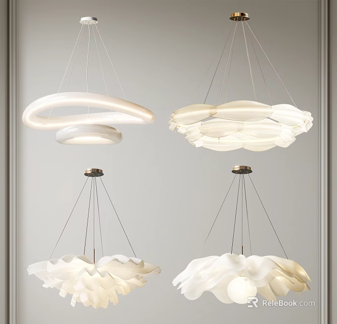 Modern White Chandelier with Petal and Ring Designs Hanging in Interior 3d model 