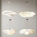 Modern White Chandelier with Petal and Ring Designs Hanging in Interior