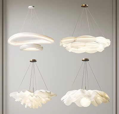 Modern White Chandelier with Petal and Ring Designs Hanging in Interior 3d model