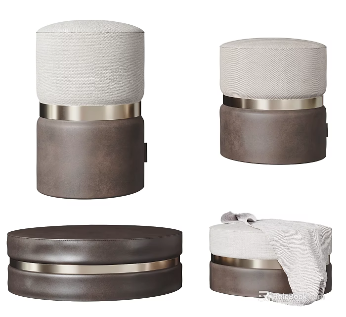 Modern Round Ottoman With Beige Cushion Dark Brown Base And Metal Trim 3d model 