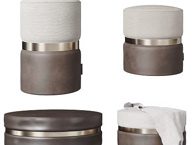 Modern Round Ottoman With Beige Cushion Dark Brown Base And Metal Trim 3d model