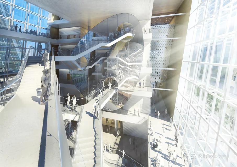 Modern Office Hallway Interior Design With Glass Curtain Wall Staircase And Natural Light 3d model 