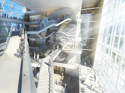 Modern Office Hallway Interior Design With Glass Curtain Wall Staircase And Natural Light 3d model