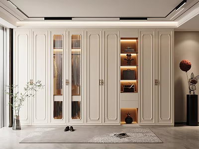 Modern White Wardrobe Interior Design With Glass Doors Wooden Frame And Built in Lighting 3d model