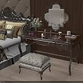Classic Dark Wooden Dressing Table With Mirror Vase Perfume Bottles Candle And Stool