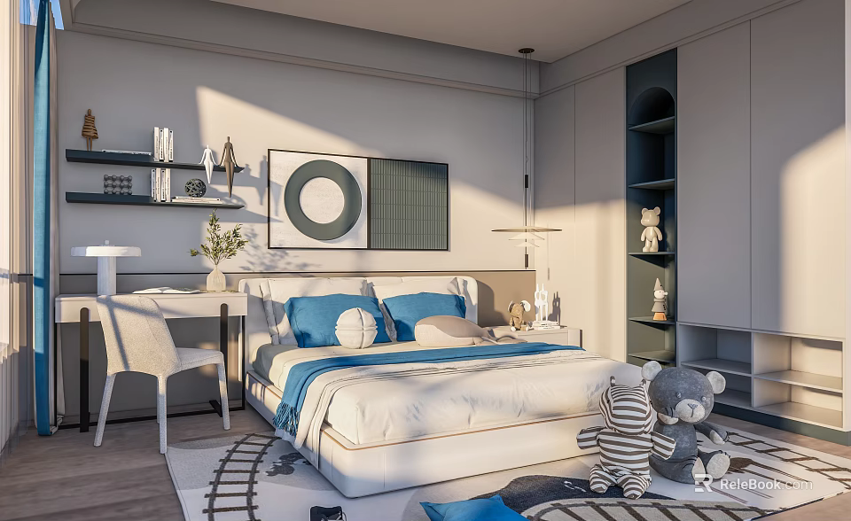 Kids Room Interior Design With Blue White Bedding Desk Stuffed Toys Train Track And Decorative Painting 3d model 