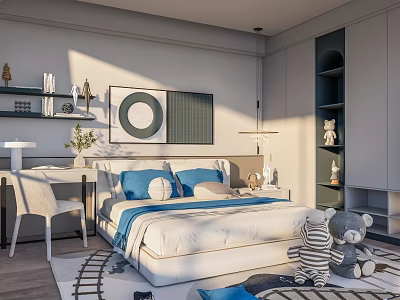 Kids Room Interior Design With Blue White Bedding Desk Stuffed Toys Train Track And Decorative Painting 3d model