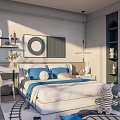 Kids Room Interior Design With Blue White Bedding Desk Stuffed Toys Train Track And Decorative Painting