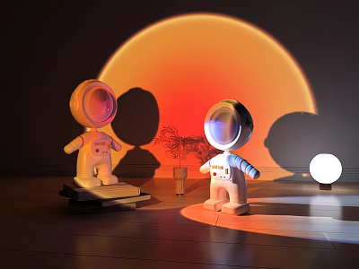 White Spherical Table Lamp With Astronaut Figurines Orange Circular Background And Small Potted Plant 3d model