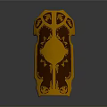Golden Decorative Shield With Intricate Patterns Symmetrical Design And Shiny Metallic Surface