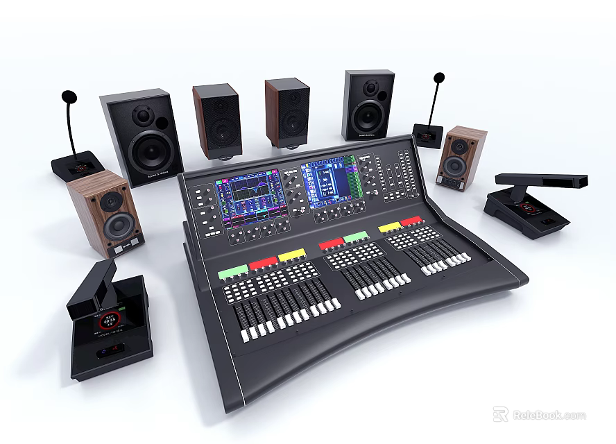 Professional Audio Speakers and Mixer Console with Multiple Sound Systems Setup 3d model 