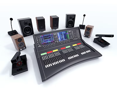 Professional Audio Speakers and Mixer Console with Multiple Sound Systems Setup 3d model
