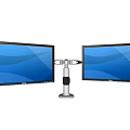 Dual Computer Monitors Mounted on Adjustable Stand Displaying Blue White Wave Patterns