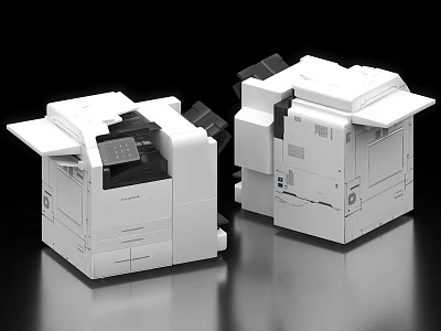 Dual White Multifunctional Office Printers With Display And Paper Output Trays 3d model