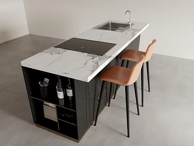 Modern Kitchen Island Dining Set With Marble Countertop Sink Cooktop Black Cabinets Orange Bar Stools 3d model