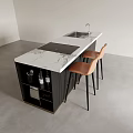 Modern Kitchen Island Dining Set With Marble Countertop Sink Cooktop Black Cabinets Orange Bar Stools