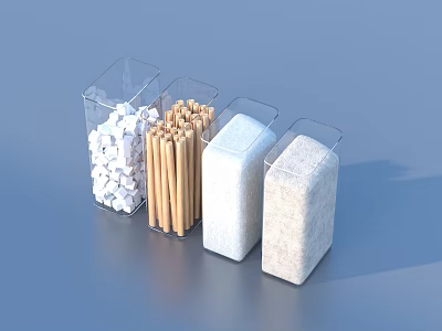 Transparent Spice Jars with White Granules Wooden Sticks White And Gray Powder on Blue Background 3d model