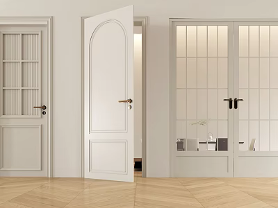Modern Interior With White Open Door Glass Panel Doors And Wooden Floor 3d model