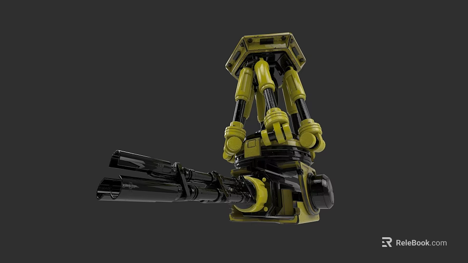 Yellow And Black Mechanical Weapon With Tripod Base And Multi Joints Barrel 3d model 