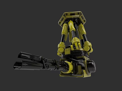 Yellow And Black Mechanical Weapon With Tripod Base And Multi Joints Barrel 3d model