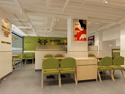 Modern Restaurant Interior With Green Chairs Light Tables White Walls And Artwork 3d model