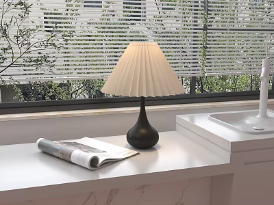 Table Lamp With Pleated Lampshade Black Base On Windowsill With Magazine Green Plants And Blinds 3d model