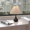Table Lamp With Pleated Lampshade Black Base On Windowsill With Magazine Green Plants And Blinds