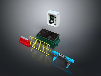 Essential Roadside Toll Equipment With Yellow Barrier Red Cone White Machine And Blue Rail 3d model