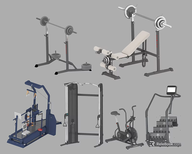 Essential Sports Equipment With Barbells Weight Benches Elliptical Trainers And Exercise Bikes 3d model 