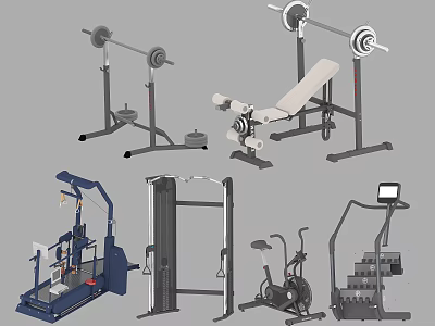 Essential Sports Equipment With Barbells Weight Benches Elliptical Trainers And Exercise Bikes 3d model